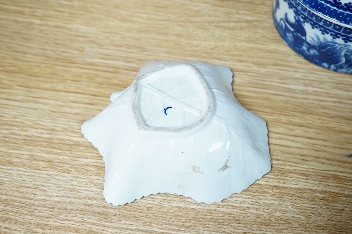 A group of 18th century Worcester and Liverpool porcelain teaware and a Caughley Cormorant fisherman butter tub and cover.